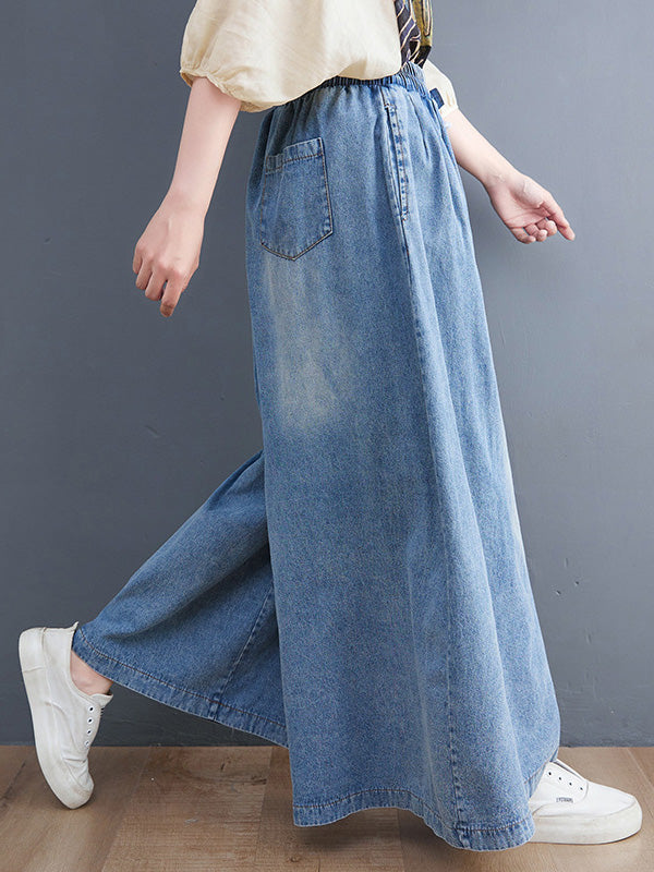 xakxx Simple Casual Loose Wide Leg Drawstring Jean Pants