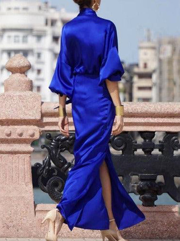 xakxx Half Sleeves Loose Solid Color V-Neck Maxi Dresses