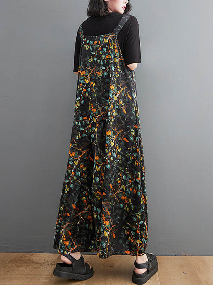 xakxx Loose Artistic Retro Ramie Cotton Floral Printed V-Neck Overalls