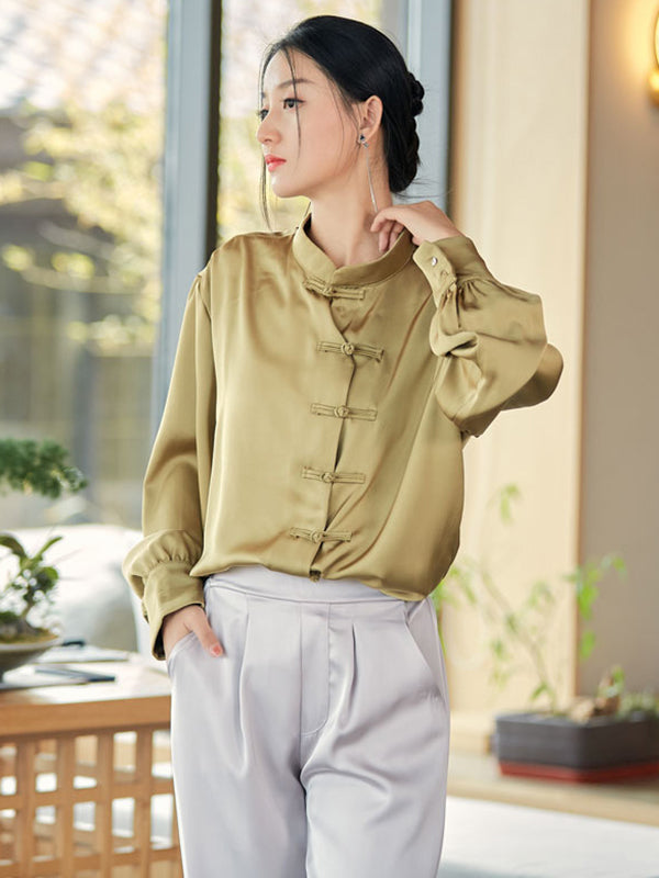 xakxx Vintage Long Sleeves Loose Buttoned Solid Color Stand Collar Blouse Top