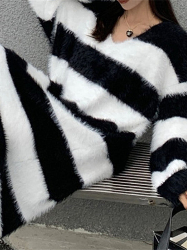 xakxx Long Sleeves Loose Striped V-Neck Knit Dresses Midi Dresses
