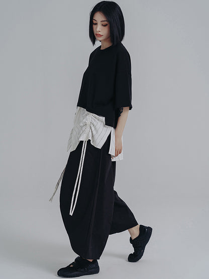 xakxx Simple Loose Elasticity Waist Wide Leg Solid Color Pants