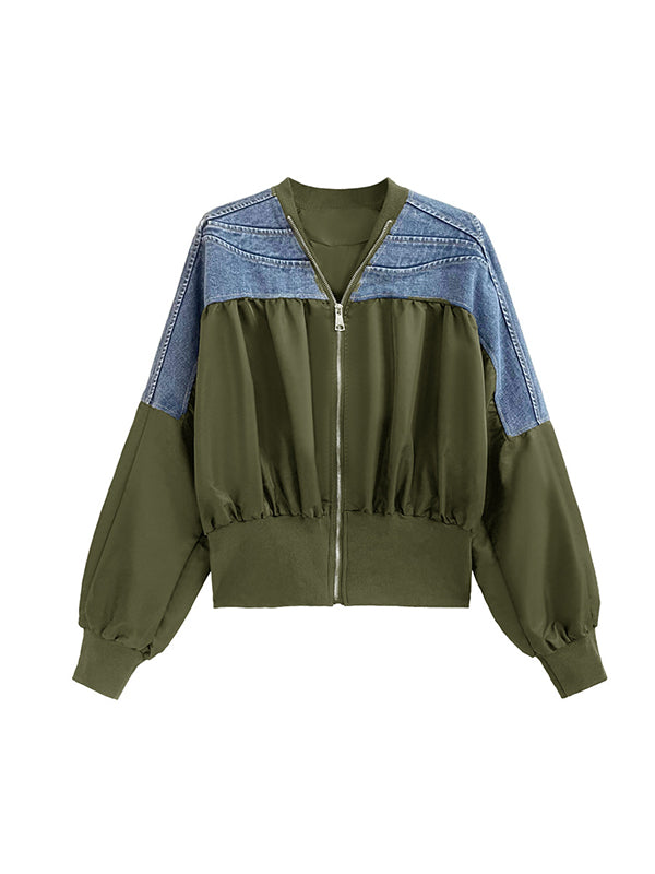 xakxx Long Sleeves Loose Pleated Split-Joint Zipper V-neck Jackets Outerwear
