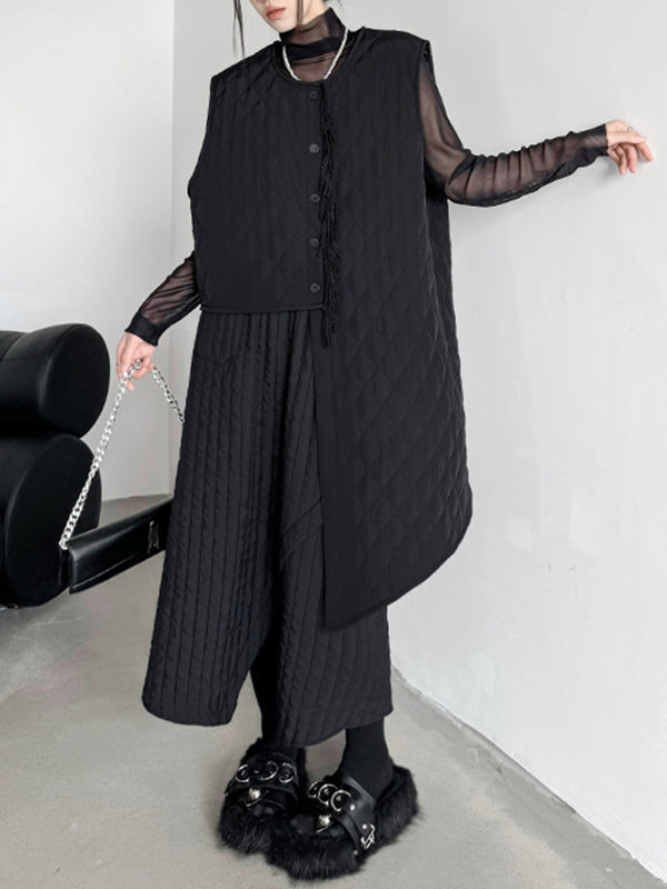 xakxx Loose Sleeveless Asymmetric Buttoned Quilted Solid Color Tasseled U-neck Padded Vest
