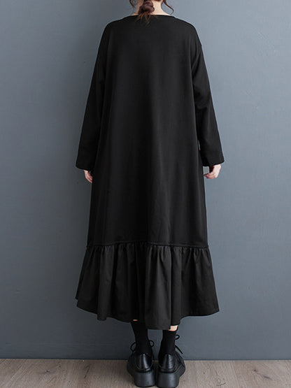 xakxx A-Line Long Sleeves Contrast Color Pleated Split-Front Split-Joint Round-Neck Midi Dresses