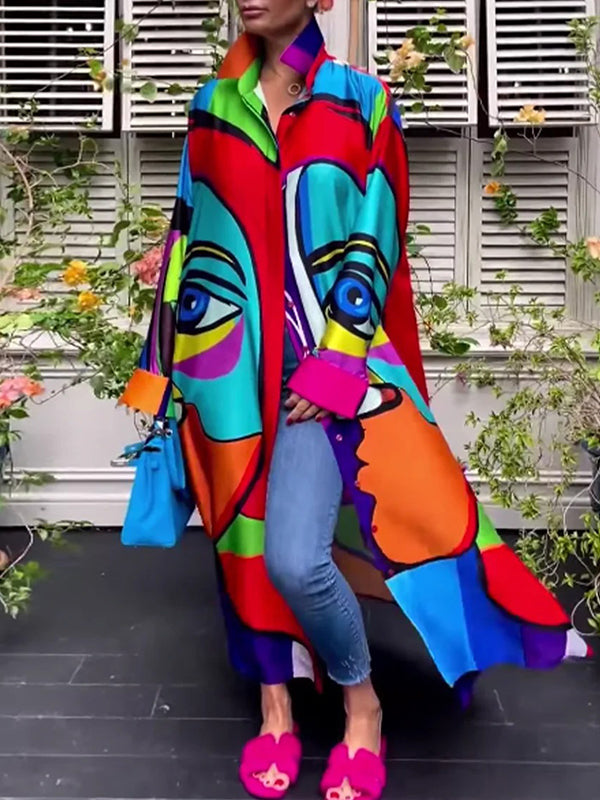 xakxx Irregular Clipping Loose Abstract Printed Multi-Colored Lapel Maxi Dresses Shirt Dress