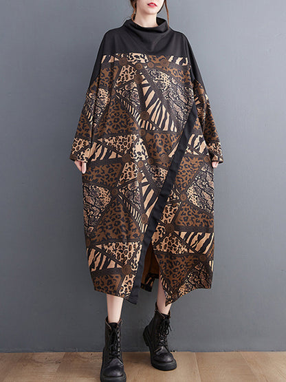 xakxx Long Sleeves Loose Asymmetric Printed Split-Front Split-Joint Mock Neck Midi Dresses