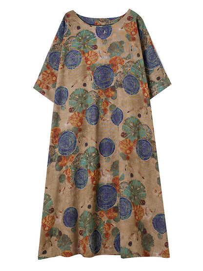 xakxx Casual Half Sleeves Loose Floral Printed Contrast Color Polka-Dot Round-Neck Midi Dresses