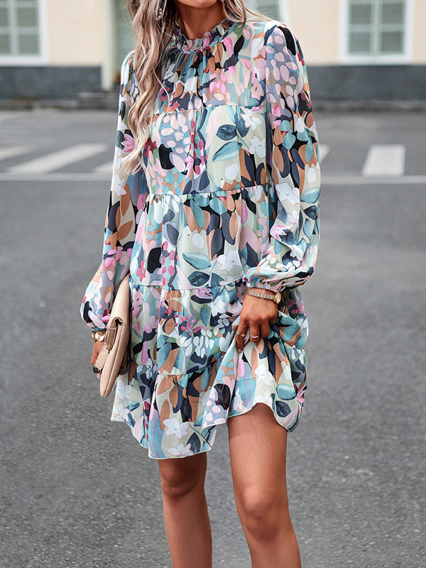 xakxx A-Line High Waisted Printed Split-Joint Tied Mock Neck Mini Dresses