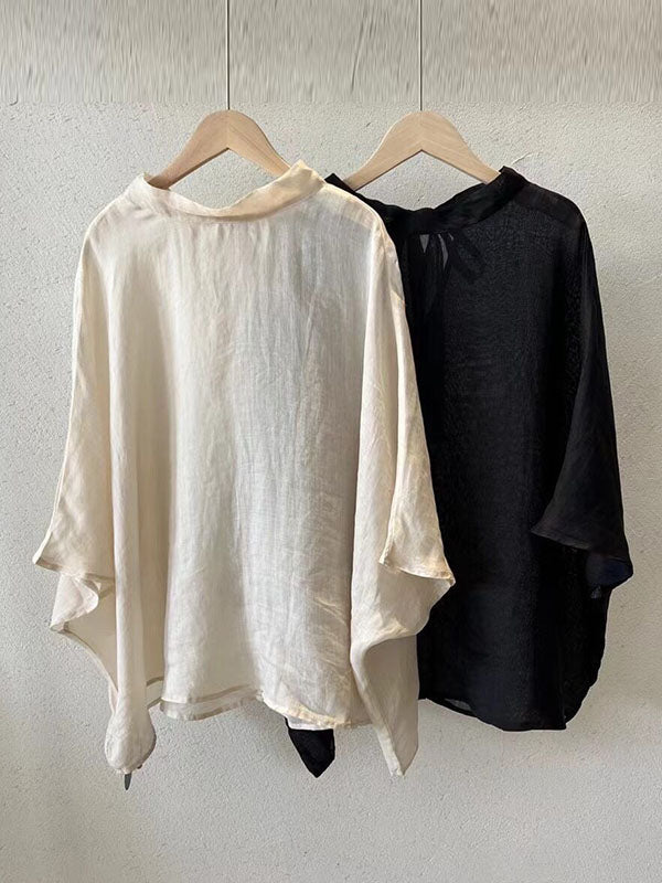 xakxx Batwing Sleeves Loose Lace-Up See-Through Solid Color Stand Collar Shirts Tops
