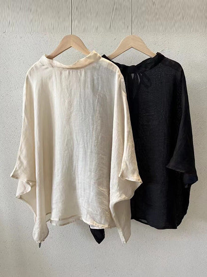 xakxx Batwing Sleeves Loose Lace-Up See-Through Solid Color Stand Collar Shirts Tops