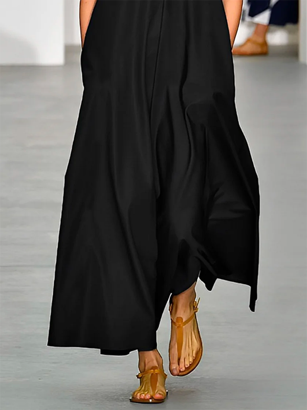 xakxx Loose Sleeveless See-Through Solid Color Split-Joint High-Neck Maxi Dresses