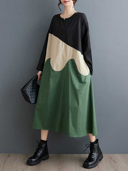 xakxx A-Line Long Sleeves Contrast Color Round-Neck Midi Dresses