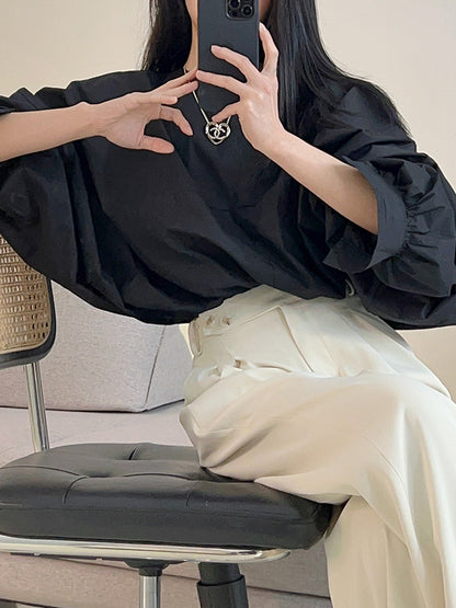 xakxx Batwing Sleeves Loose Elasticity Solid Color Round-Neck Blouses&Shirts Tops