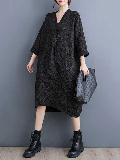 xakxx A-Line Half Sleeves Asymmetric Buttoned Jacquard V-Neck Midi Dresses