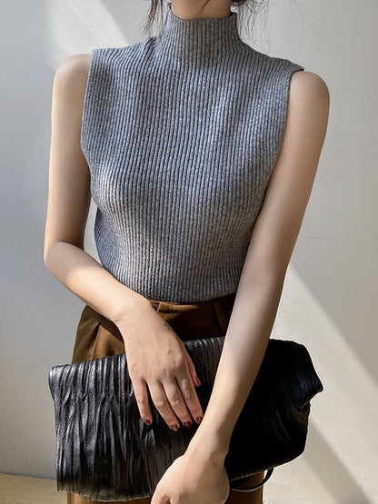 xakxx Skinny Sleeveless Solid Color High-Neck Knitwear Vest Top