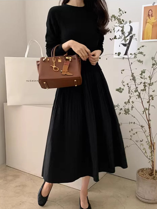 xakxx A-Line Long Sleeves Pleated Split-Joint Round-Neck Midi Dresses