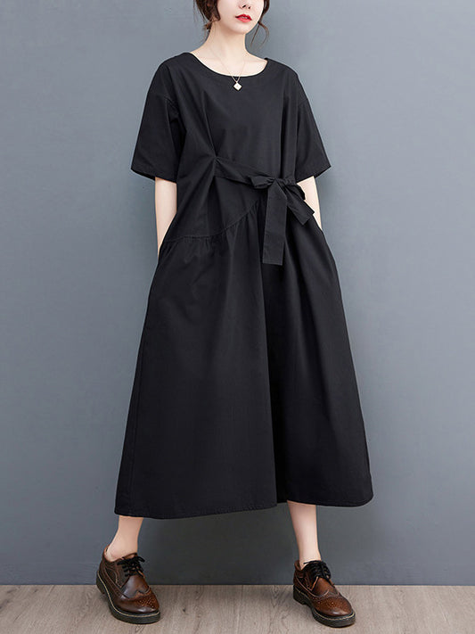 xakxx Casual Half Sleeves Loose Solid Color Round-Neck Midi Dresses