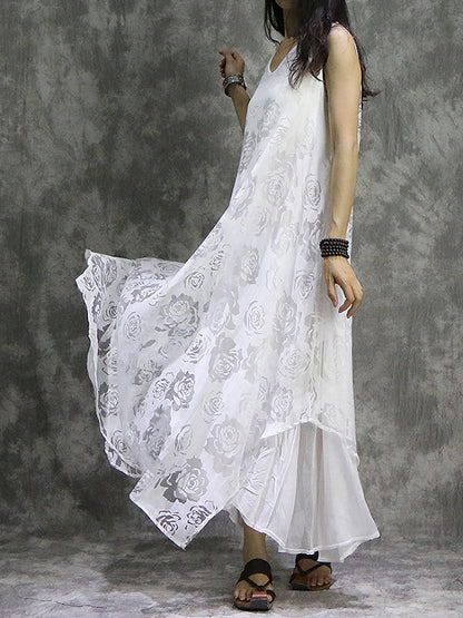 xakxx False Two Loose Flower Print Solid Color V-Neck Midi Dresses