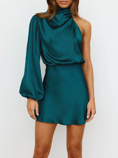 xakxx High Waisted Long Sleeves Asymmetric Elasticity Solid Color High Neck Mini Dresses