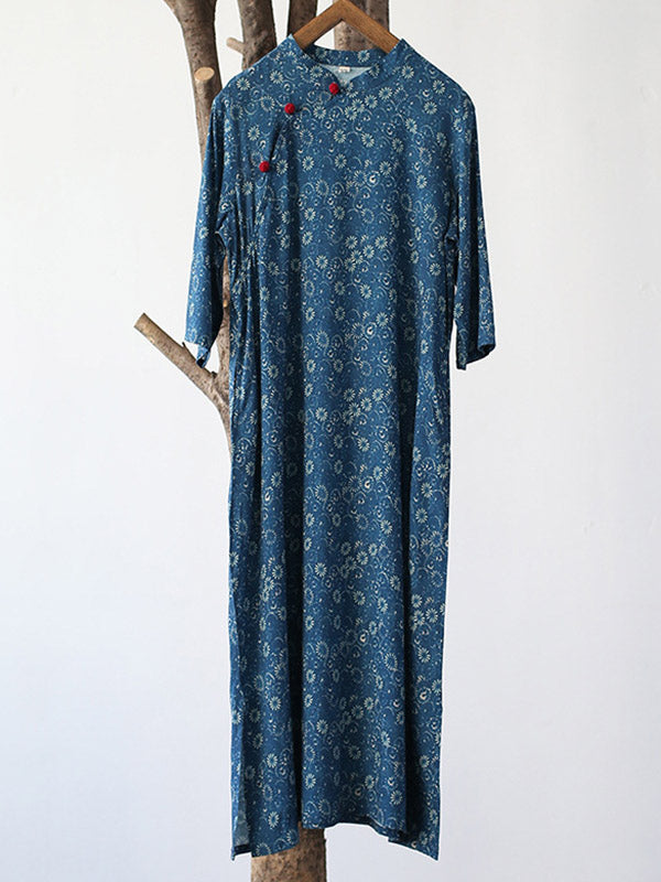 xakxx Original Solid Floral Stand Collar Midi Dress