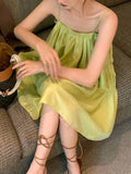 xakxx Loose Sleeveless Pleated Solid Color Spaghetti-Neck Mini Dresses Slip Dress