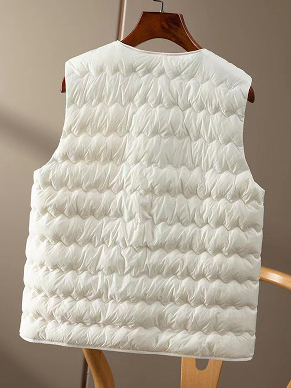 xakxx Loose Sleeveless Buttoned Quilted Solid Color Round-Neck Padded Vest