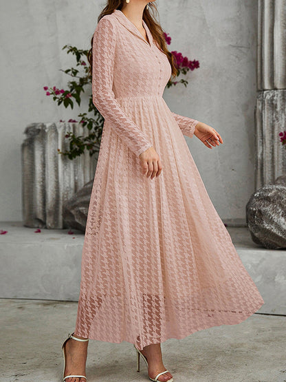 xakxx High Waisted Long Sleeves Buttoned Gauze See-Through Solid Color V-Neck Maxi Dresses