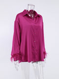 xakxx Loose Wrap Feathers Solid Color Split-Joint Lapel Collar Blouses&Shirts Tops