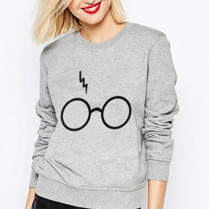 xakxx Glasses Print Round Collar Long Sleeves Sweatshirt