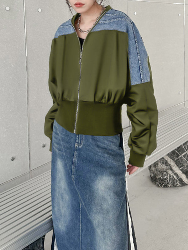 xakxx Long Sleeves Loose Pleated Split-Joint Zipper V-neck Jackets Outerwear