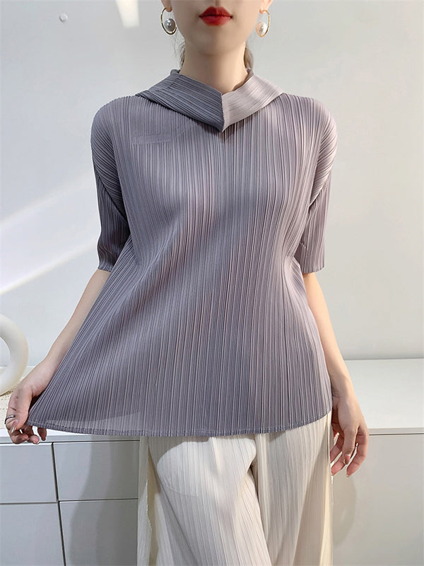 xakxx Half Sleeves Hooded Pleated Solid Color Mock Neck T-Shirts Tops