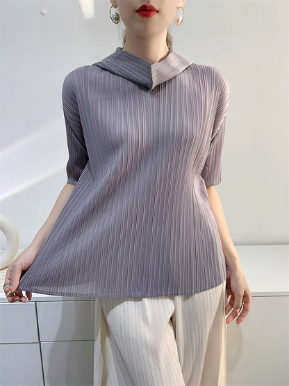 xakxx Half Sleeves Hooded Pleated Solid Color Mock Neck T-Shirts Tops