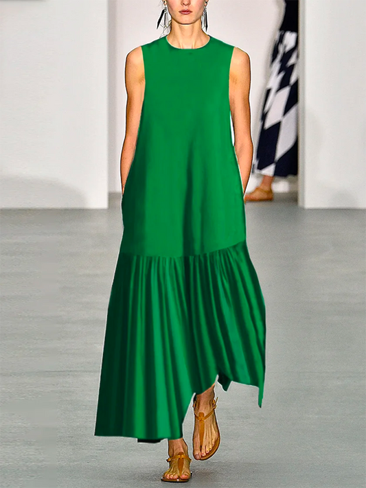 xakxx A-Line Loose Solid Color Split-Joint Round-Neck Maxi Dresses