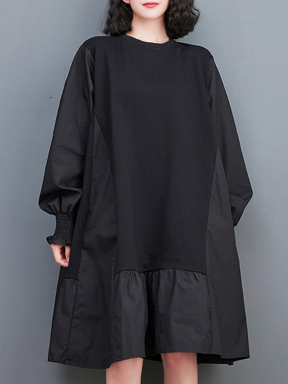 xakxx Loose Puff Sleeves Pleated Solid Color Split-Joint Round-neck Midi Dresses
