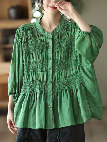 xakxx Loose Three-Quarter Sleeves Pleated Solid Color Split-Joint Stand Collar Blouses&Shirts Tops