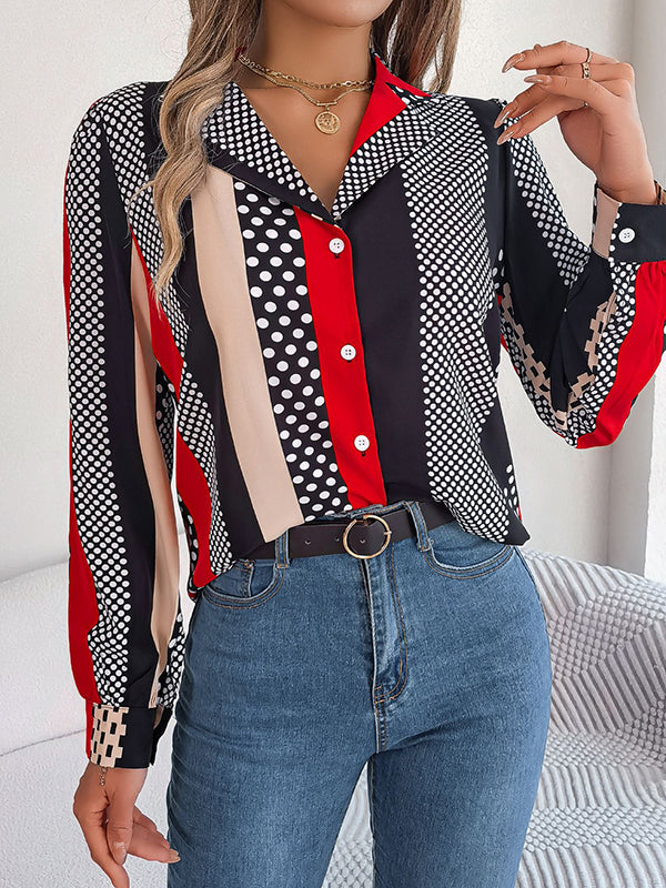xakxx Long Sleeves Buttoned Contrast Color Polka-Dot Notched Collar Blouses&Shirts Tops