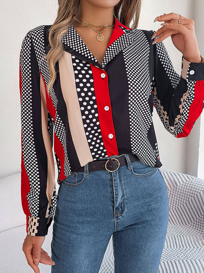 xakxx Long Sleeves Buttoned Contrast Color Polka-Dot Notched Collar Blouses&Shirts Tops