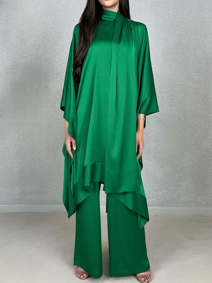 xakxx Batwing Sleeves Loose Solid Color Stand Collar T-Shirt Tops&Pants Two Pieces Set