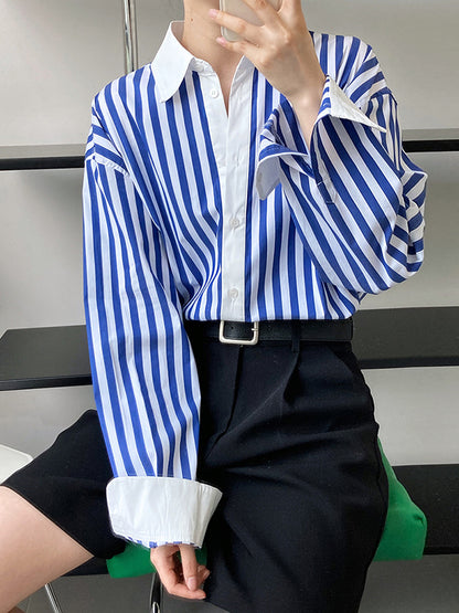 xakxx Simple Long Sleeves Contrast Color Striped Lapel Blouse Top