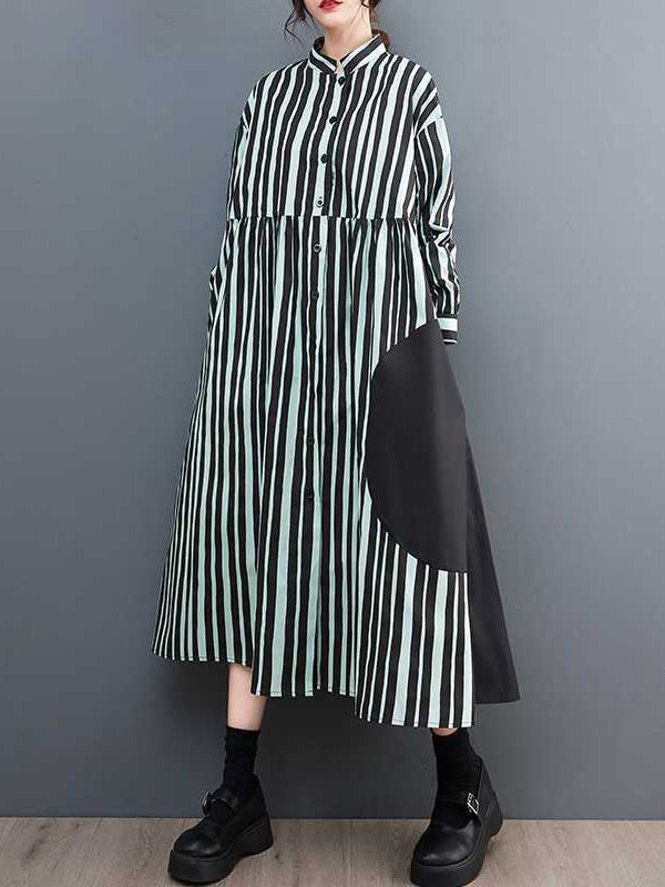 xakxx Long Sleeves Loose Buttoned Split-Joint Striped Mock Neck Midi Dresses