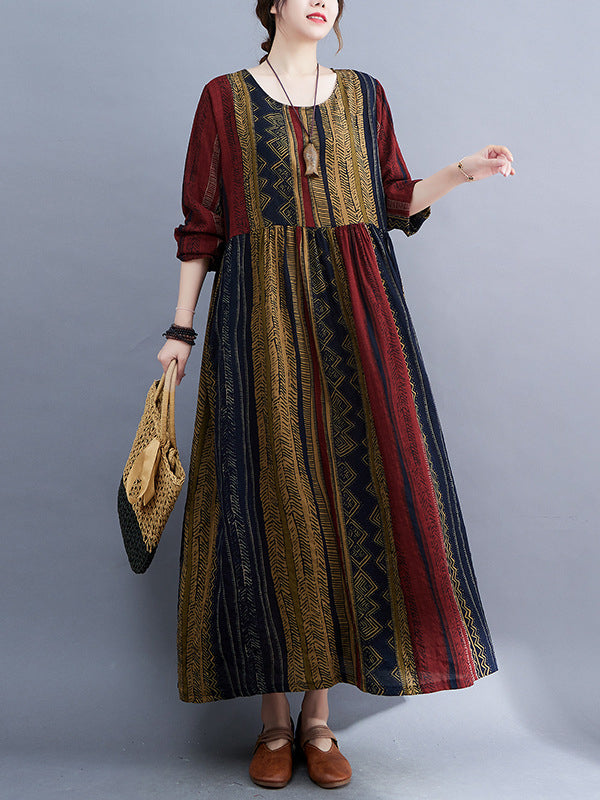 xakxx Vacation Loose Long Sleeves Contrast Color Printed Round-Neck Midi Dresses