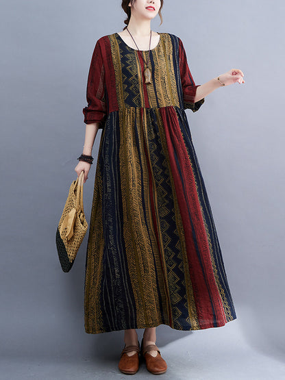 xakxx Vacation Loose Long Sleeves Contrast Color Printed Round-Neck Midi Dresses