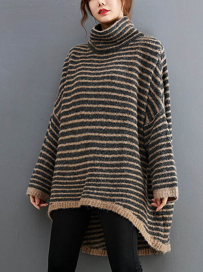 xakxx xakxx-Loose Striped High-Low Heaps Collar Long Sleeves Knitwear