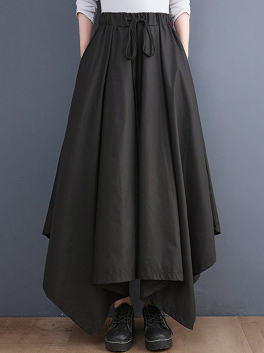 xakxx Cropped A-Line Drawstring Solid Color Pants Culotte