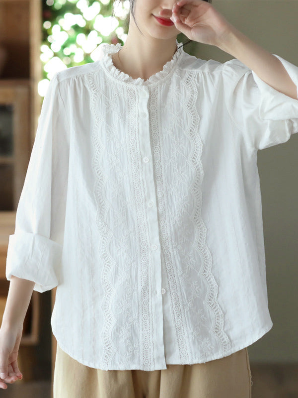 xakxx Long Sleeves Loose Embroidered Round-Neck Blouses&Shirts Tops