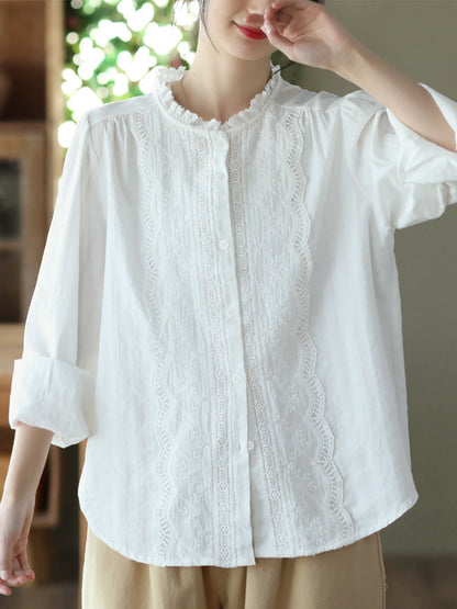 xakxx Long Sleeves Loose Embroidered Round-Neck Blouses&Shirts Tops
