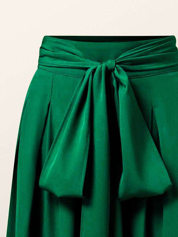 xakxx Loose Wide Leg Pleated Solid Color Tied Waist Pants Trousers