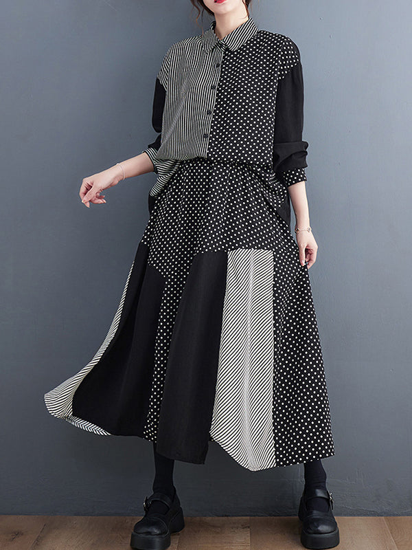 xakxx Loose Oversize Striped Polka-Dot Split-Joint Blouse Top A-Line Skirt Bottom Two Pieces Set