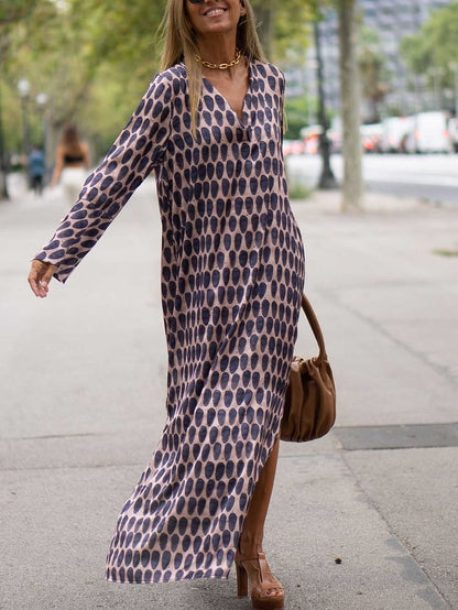 xakxx Women Casual Loose Printed Deep V-Neck Maxi Dresses